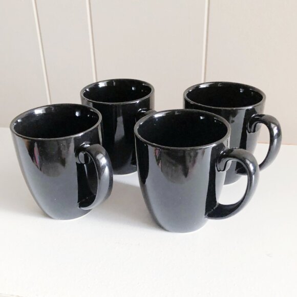 Vintage 90s Corelle Coordinates Stoneware Mugs Black Ceramic Set of 4 - Picture 1 of 5